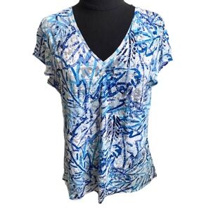 Kate & Henry Blue White Abstract Floral Leaf Print Top, size Large